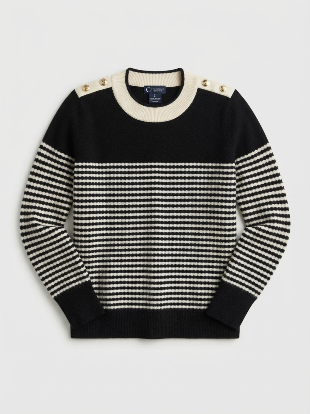 Bloomingdale's Black & Cream Striped Crewneck Sweater with Button Detail